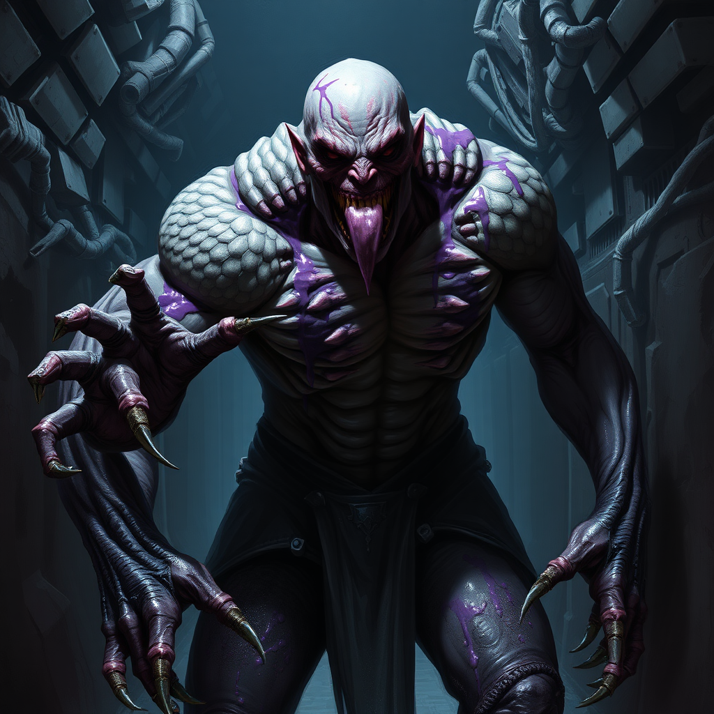 Sci-fi digital horror painting. Heavily mutated crew member, skin covered with sturdy scales, his body and limbs elongated and twisted while muscles ever tensing. Aggressive violent snarl on face. One hand has long sharp claws while the other looks relatively normal. Purple goo oozing all over him. Dark rocky industrial corridor.