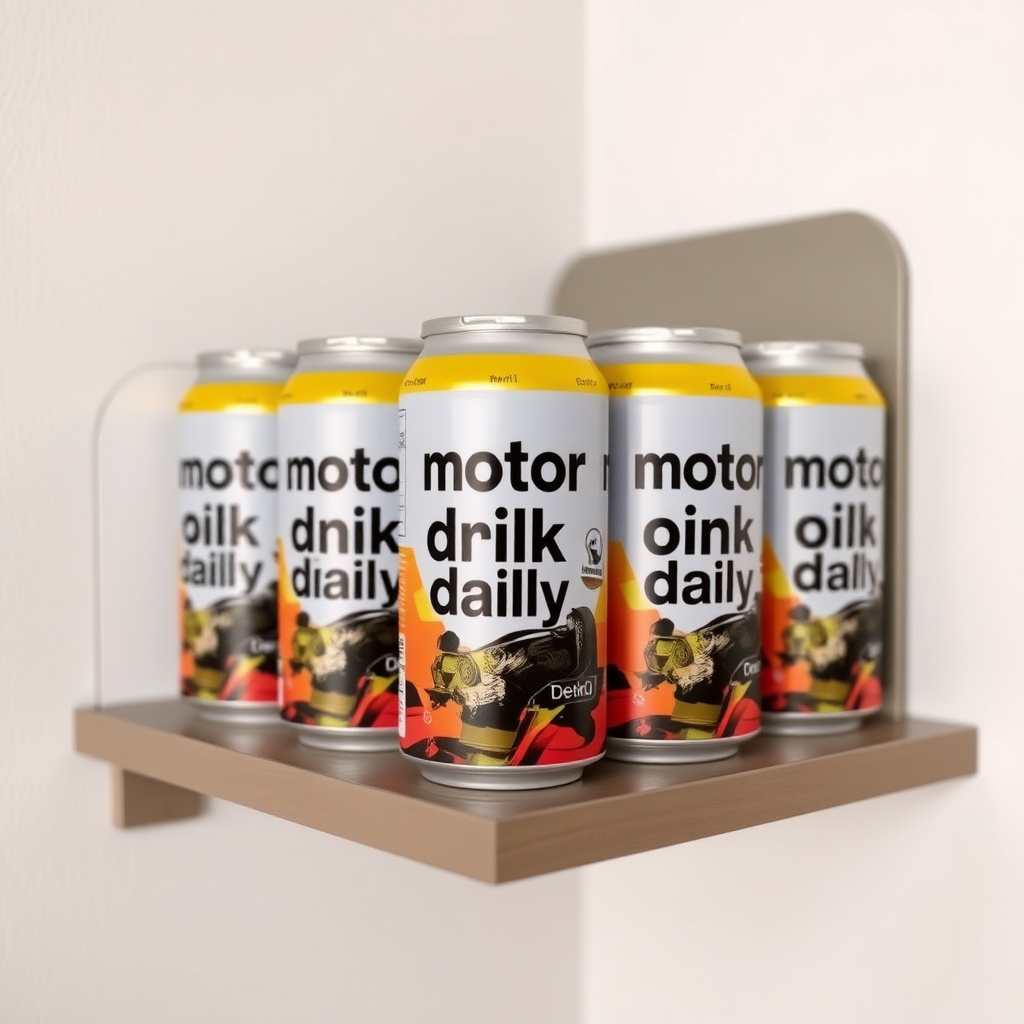 a small shelf with cans that have an image of car engine on the label and text saying "motor oil drink daily"