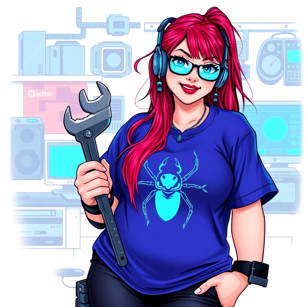 A cyberpunk vigilante’s full-figured intelligent and tech-savvy 29-year-old girlfriend, who is a computer hacker and tech genius. She has a long ruby red ponytail streaked with sky blue. She wears maximum blue lipstick, blue eyes, a sapphire beetle gemstone necklace, sapphire earrings, black eyeglasses, a futuristic holographic wristwatch computer, and an oversized maximum blue t-shirt featuring a neon blue beetle chest emblem. She has a full-figured, well-rounded physique with a prominent, round midsection, reflecting her well-cared-for lifestyle. Her round midsection is broadened and bloated to emphasize her figure. She sports a sapphire headset with a high-tech maximum turquoise lensed HUD, and a shy smile with a neon red blush. She is holding a futuristic hi-tech wrench while standing in her workshop in front of her computer desk and workbench. The background is solid white. She is drawn as if she was in a retro 2D cyberpunk fighting game.