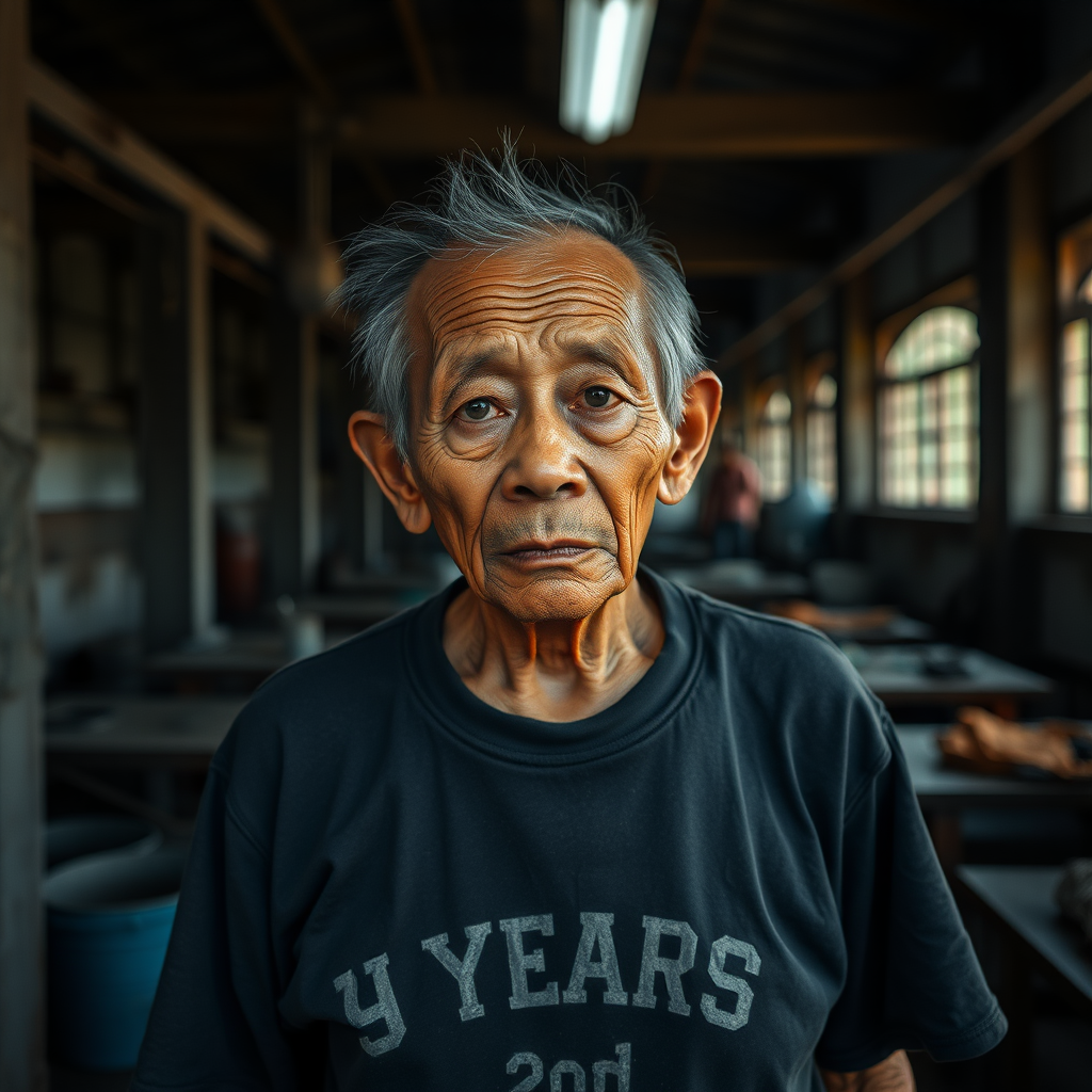 A very sad and hungry Laos (20 years) with a very old T-Shirt in a very dark old and mystery Factory