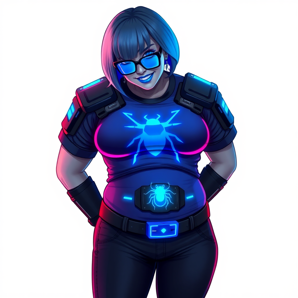 A 28-year-old, full-figured, metallic middle gray skinned cyberpunk computer program hybrid with a short maximum blue bob cut. She has a non-athletic build, highlighted by a prominent, round midsection (with a focus on her round belly). As a digital sidekick to her cyberpunk vigilante boyfriend, her middle gray metallic skin and maximum blue lipstick emphasize her digital nature. She wears a digital, computerized costume consisting of a huge, tight-fitting, neon blue glowing armored maximum blue t-shirt (accentuating her belly) with a neon blue glowing chest icon of a beetle, black pants, a black belt with a neon blue glowing digital beetle buckle, and black hi-tech gloves. Her bright blue eyes, black eyeglasses with lenses glowing bright neon blue, and shy smile with neon red blush accentuate her nerdiness. She bashfully bows her head (while still facing the screen) with her hands behind her back, her t-shirt covers her midsection (especially her belly) and emphasizing her full-figured, non-athletic physique. She is on a solid white background. She is drawn as if she was in a retro 2D cyberpunk fighting game. She is clearly non-athletic, with a focus on her full figure. Make sure her outfit covers all of her bare skin (especially her midsection).