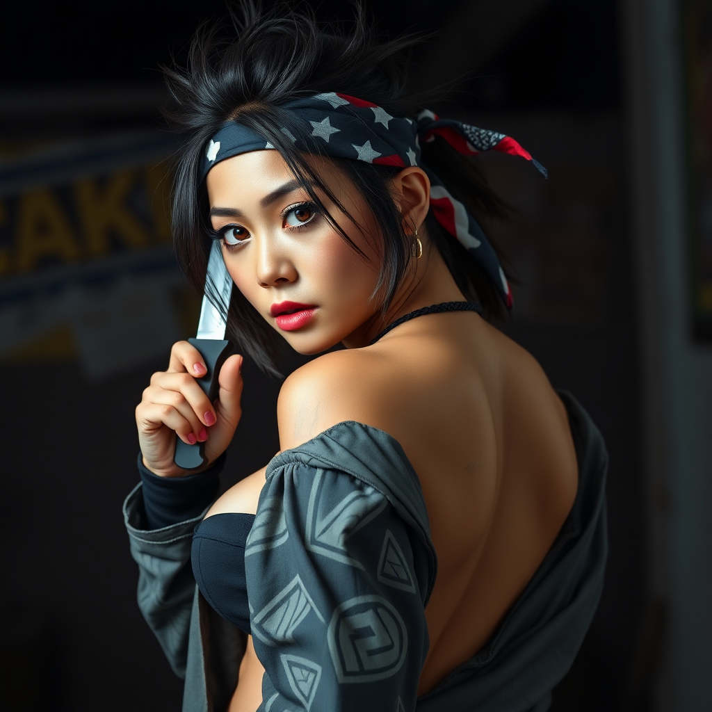 realistic photograph, sexy bandit girl, spiky hair, bandana, holding knife, Japanese-Brazilian mixed race, open jacket revealing cleavage, beautiful face, captivating eyes, large breasts, arched back pose, voluptuous, curvy