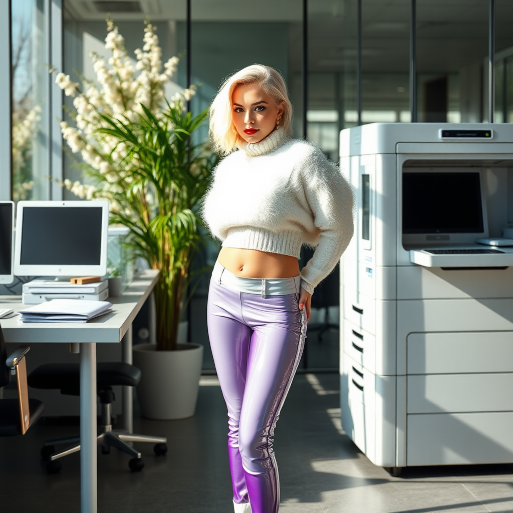 Sunny spring morning, modern glass-steel-concrete office, standing gracefully at Xerox: Nina, 17 years old very convincing femboy, tamed servile docile, very beautiful feminine flawless face, rather short, by hormones very curvaceous womanly figured, platinum blond short tight curls, French nails, bold red lips, heavily made-up face, wearing Supertanya-style fluffy very fuzzy bright white angora extremely cropped turtleneck-poncho fully barely covering bust, purple shiny vinyl leggings, white boots with golden high heels, white pearl belly piercing, gold earrings, seductively looking at camera. Full view.