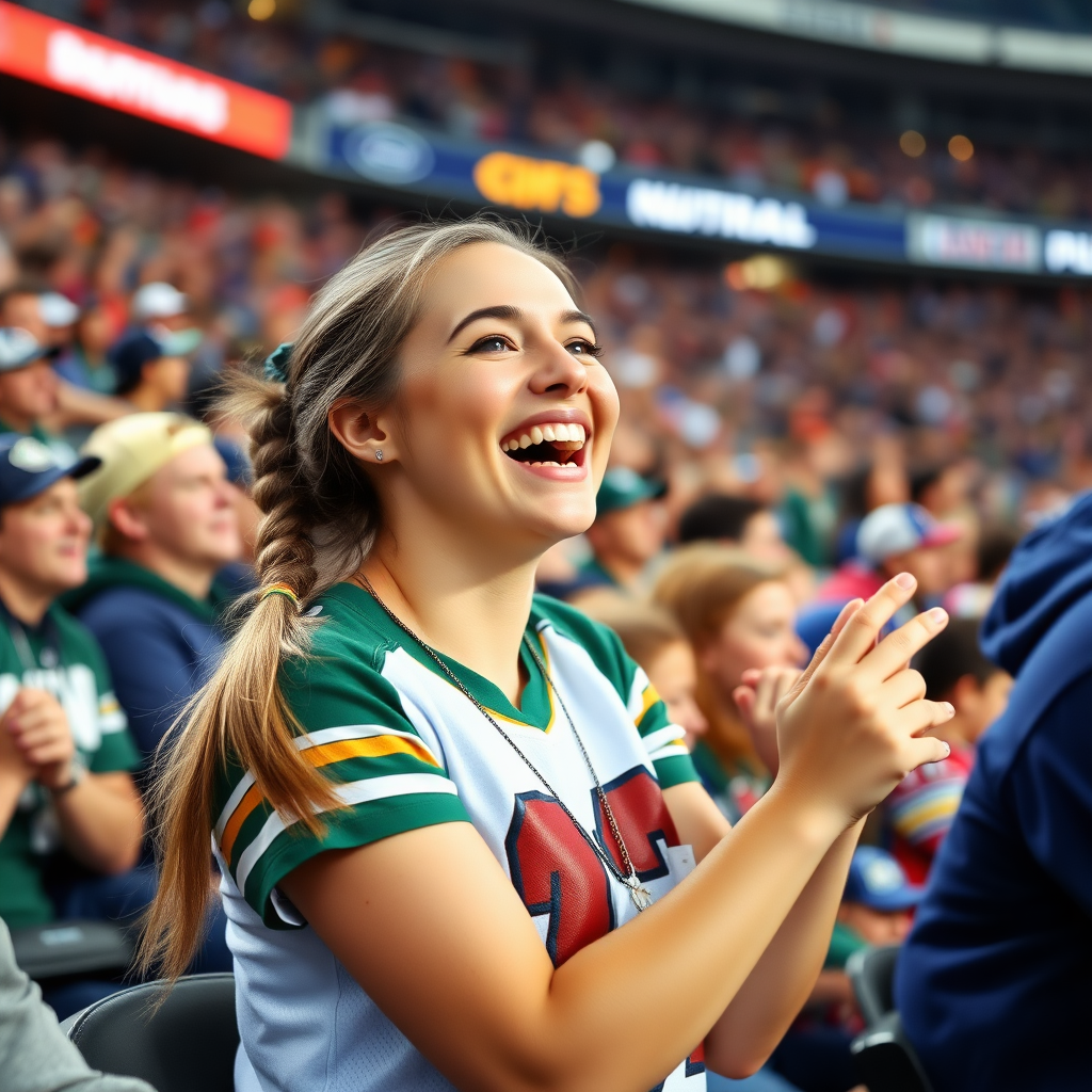 Attractive female NFL fan, pigtail hair, rejoicing, crowded bleacher row