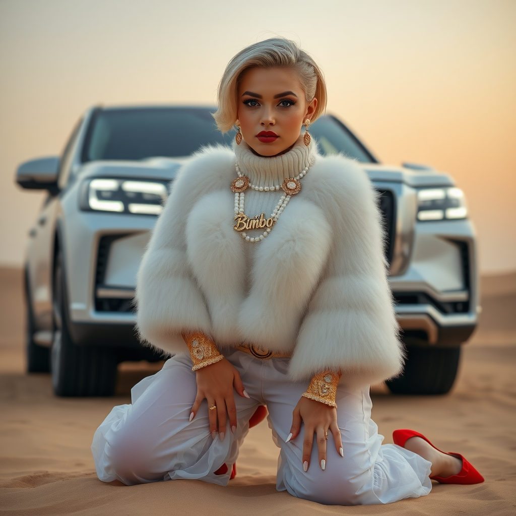 Kuwait desert dunes misty dawn, full size luxury SUV: Melissa, European 17 years old very convincing femboy “trophy-bimbo”, tamed servile docile, very beautiful feminine flawless face, rather short, by hormones very curvaceous womanly figured, platinum blond short tight curls, bold red lips, long white French nails, heavily made-up face, wearing Supertanya-style fluffy very fuzzy bright white angora turtleneck-poncho cropped ending under bust decorated with pearls and glass stones, striking oriental wide gold bridal protection belt, white fully transparent harem pants, bright red pumps with golden very high heels, full Oriental bridal jewelry including headpiece, nose-ring, coin wristlets, coin anklets, striking diamond “Bimbo” letter brooch on left chest, thick heavy pearl wristlets, pearl anklets, pout frustrated, kneeling in sand in front of SUV, looking at camera. Focus on face and turtleneck-poncho.