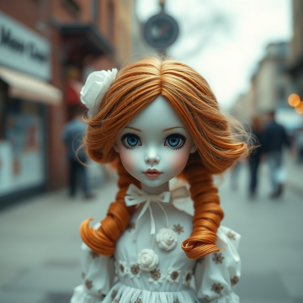 ooak art doll, looking at camera, shy flirting, street photography, artist doll, realistic doll, life-like porcelain doll, handmade, one of a kind, focus stacking, abstract, minimalist art, in focus, hyperfocal, bisque porcelain, Victorian dress, floral, symmetric, sacred geometry, original, unique personality, dynamic, cinematic scene, centered, zoom shot, telephoto lens, preteen ginger girl, monochromatic