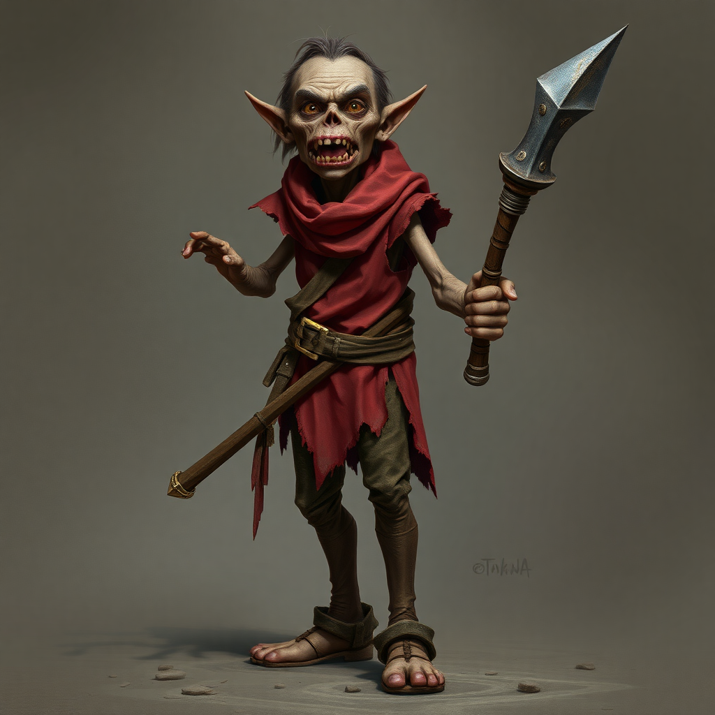 A small, skinny kobald in a tattered red tunic and dirty brown pants holding a quaterstaff in a threatening manner.