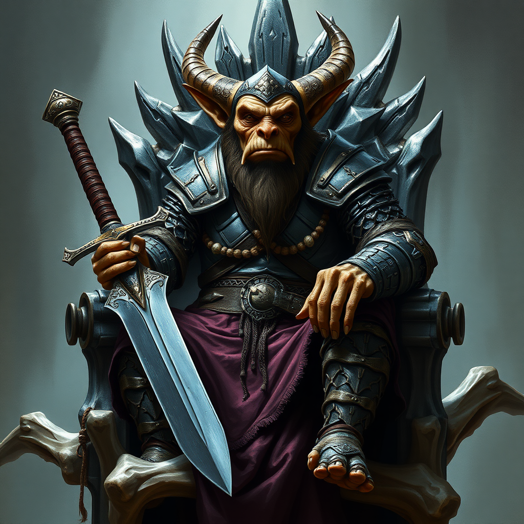 Fantasy style, Hobgoblin (Dungeons and Dragons 5th edition) around 30 years charismatic, wearing chainmail and a broadsword, one blade only, sitting on a bone throne, photorealistic.