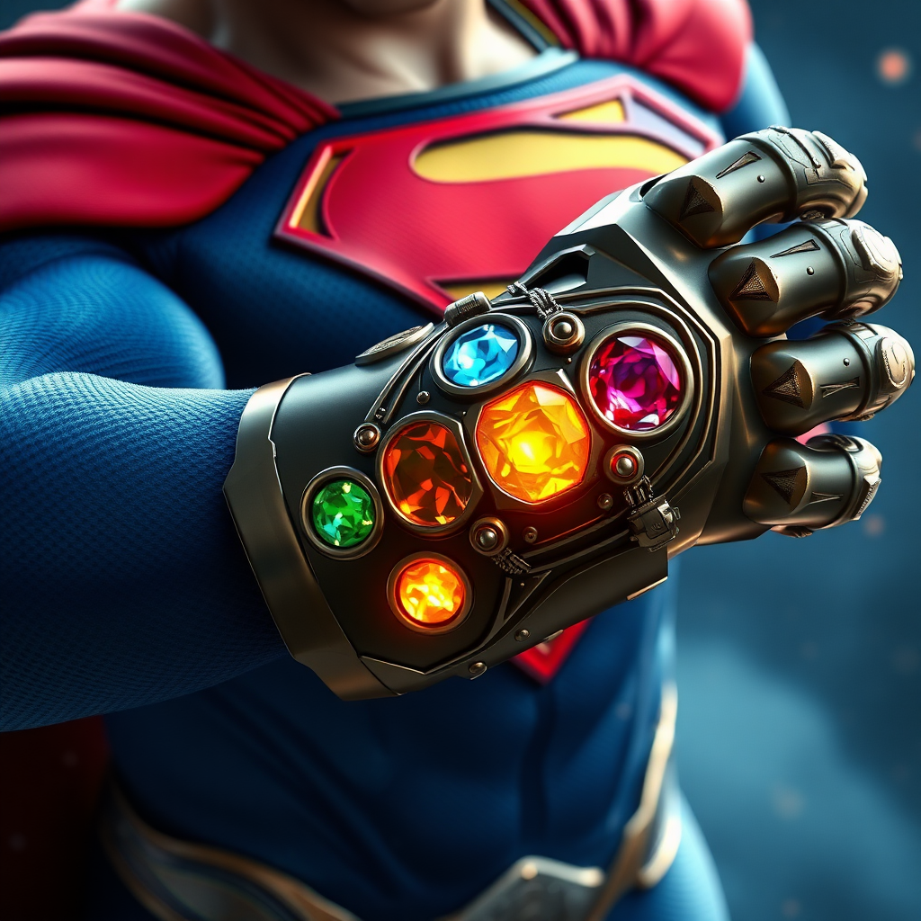 Superman wears the infinity gauntlet with 5 infinity stones. Cinematic Real3d photo-realistic quality.