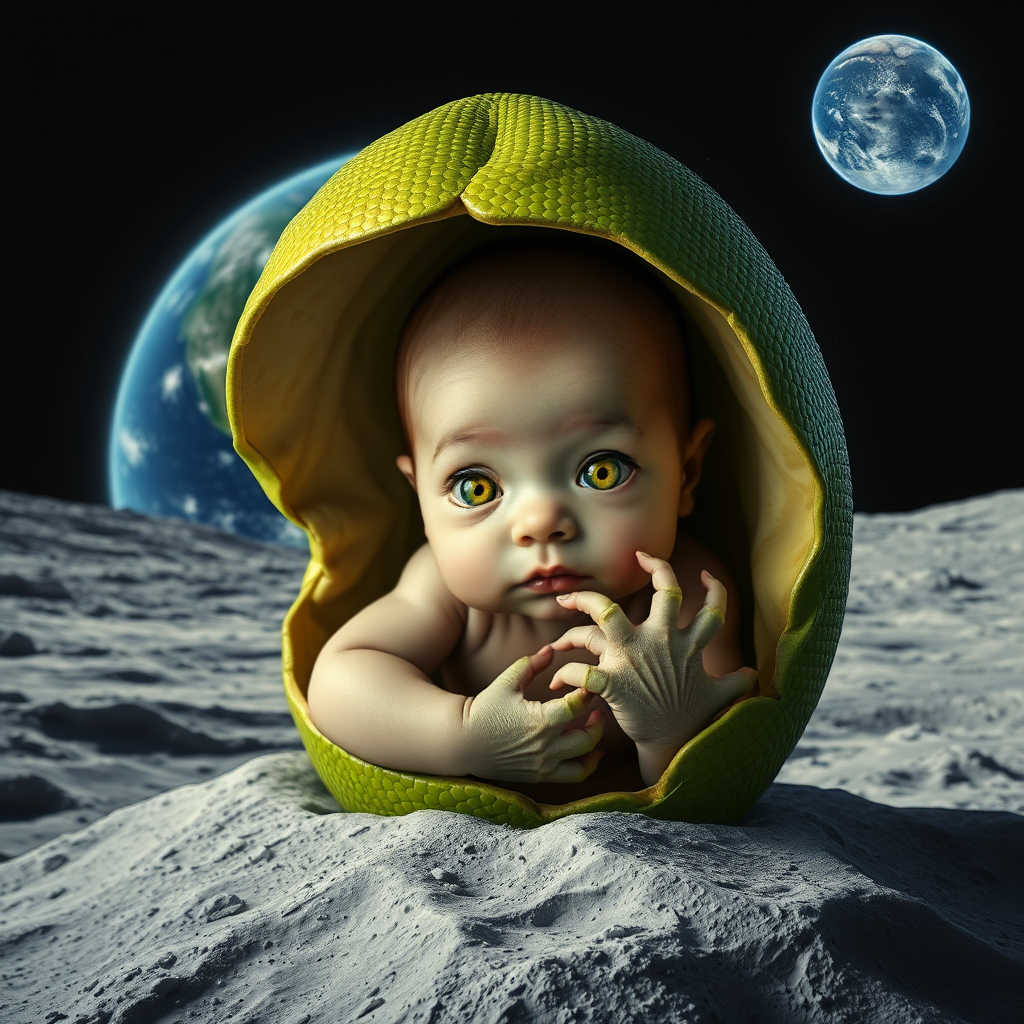 Create a photorealistic mixed picture in Salvador Dali style. With a fresh newborn human baby hatching from what looks like a green reptile egg. The baby looks straight into the camera. The baby has extreme light yellow "alien" pupils. The baby has reptile hands with claws. Scene: moon landscape. Behind, you see the shining blue Earth.