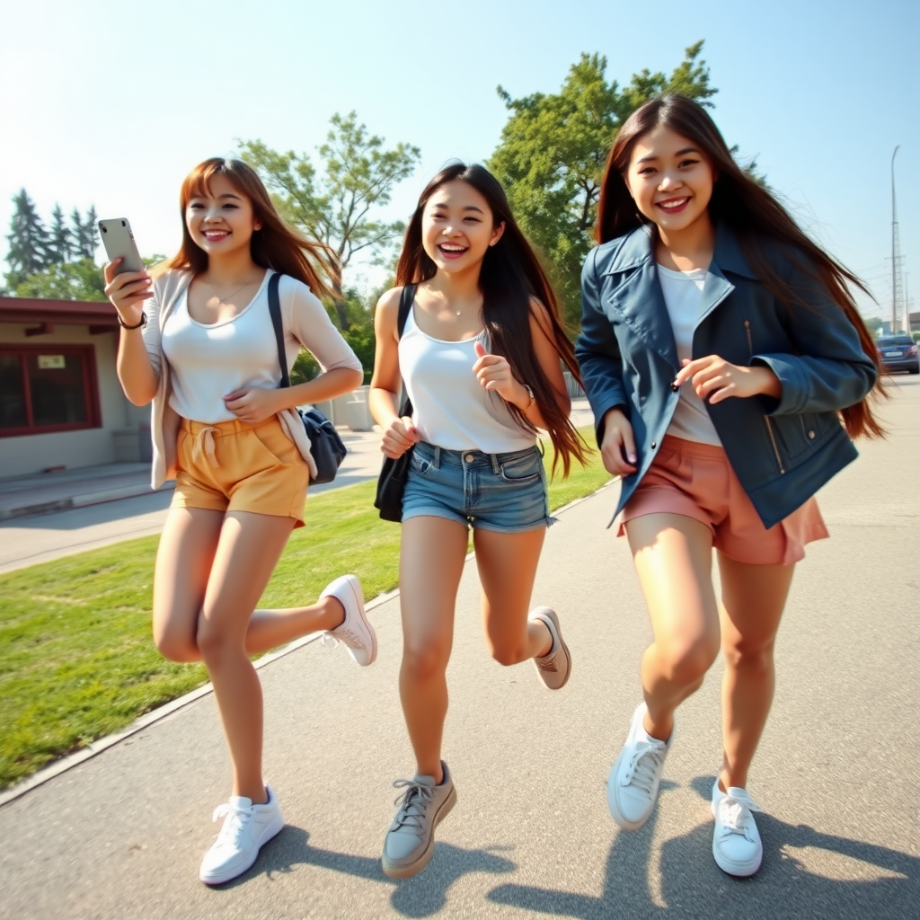 three Asian girls with gorgeous face, wearing shoes, run, white skin, tall, straight hair, selfie, boss