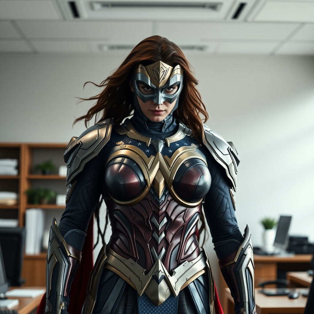 The Spider Spirit in mythology wears the armor of Wonder Woman,Office environment, light gray background, high detail, high resolution, shot in the style of Sony A7R V, cinematic, high contrast, sharp focus, natural features ,style raw