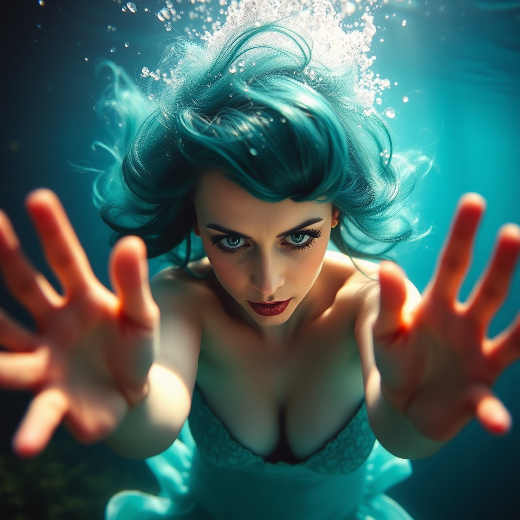 Katy Perry as a mermaid underwater, hair floating in a nimbus around her beautiful face, her arms outstretched towards the viewer, and she's looking down into the viewer's eyes, making intense eye contact. Diaphanous. Real DSLR HD Photography. Burlesque.