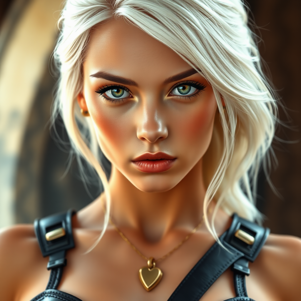 Portrait of a beautiful young platinum blonde woman with green eyes, a suntan, light brown eyebrows, and large breasts. She is wearing black leather armor and a gold necklace with a small heart pendant.