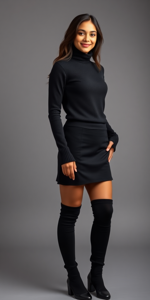 a fullbody photo of an 18 year old indian woman wearing a black turtleneck sweater, a black miniskirt, tights and leg warmers