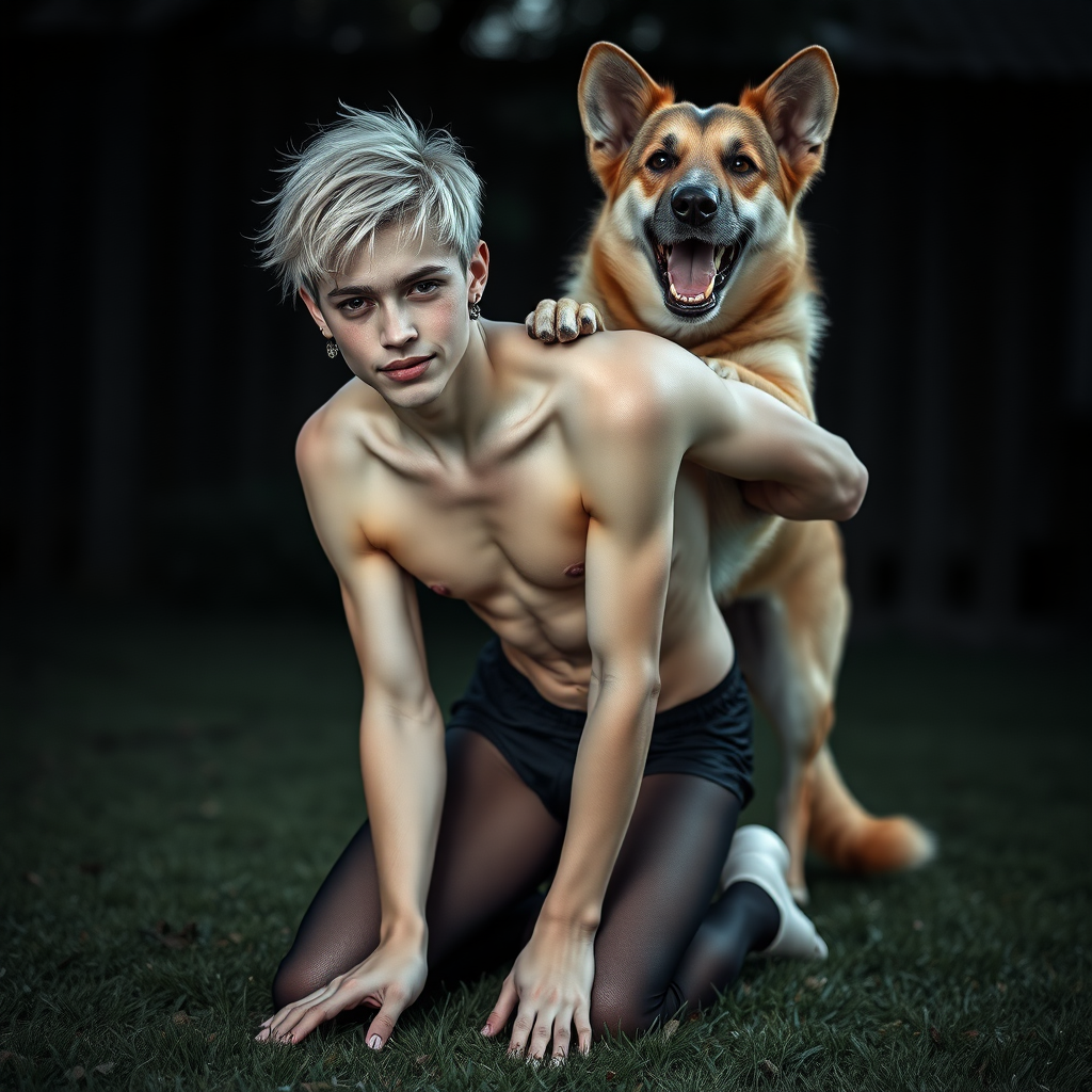 photorealistic, ultra high resolution, 16K, surreal fantasy, studio lighting, a pretty 16 year old goth male, slim male physique, short blonde hair, goth makeup, earrings, pantyhose, white ballet shoes, playing with his large dog in the yard - he is kneeling forward, while the dog stands up behind him and rests its paws on the boy's shoulders, excited smile, facing the camera.