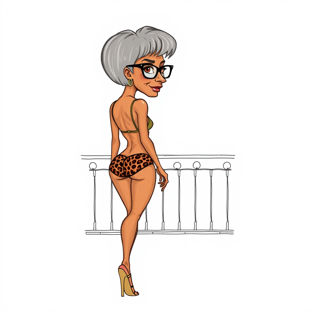 55 Years old, European, Latina, sharp aquiline nose, wrinkles, high cheekbones, Middle Eastern, Skinny, Tanned skin, Dark light skin, Rounded Medium breasts, Skinny thighs, round ass, full Makeup, jewelry, Serious face, Sharp nose, blushing, Ash hair, short bowl haircut, Brown eye color, Glasses, with detailed features. swaying hips, smiling, She is walking away, back side view, she is looking over her shoulder, she is wearing a leopard bikini, detailed fabric. full body, high heels sandals,, suntanning on a balconey long establishing shot, 2D, caricature, cartoon, Sketch lines, coloring book, coloring book style on white background, well composed, clean coloring book page, No dither, no gradient, strong outline, No fill, No solids, vector illustration, movement lines. realistic proportions