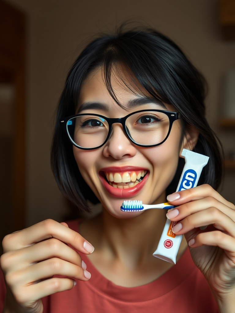 real casual photo, japanese nerdy skinny woman with big nose, big mouth, big yellowish teeth, moles, big eyeglasses and medium hair, retarded, she is putting a toothpaste called "CUM" on her toothbrush