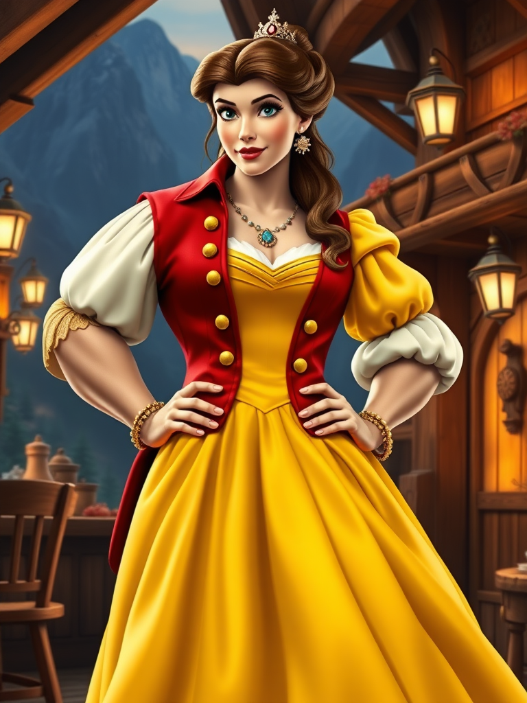 Full-length image of Belle's head and hairstyle, facial features intact, merged onto Gaston's muscular masculine body. Primary yellow ball gown retained, embellished by Gaston's iconic red vest, puffy sleeves, and accessories, proportionally altered to fit Belle-Gaston's robust physique, showcasing both characters' styles. Background inspired by Gaston's rustic tavern and Belle's charming village, merged into a warm and inviting setting, featuring mountainous landscape, wooden accents, and soft lighting, blending the charm of both worlds.