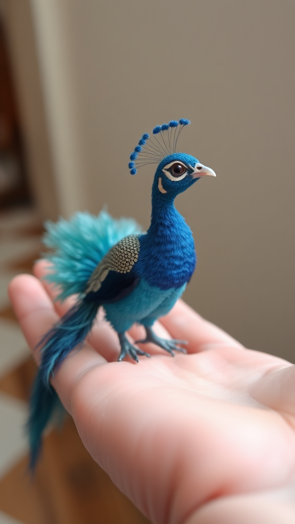 A small tiny cute chubby big eyes big perfect tail real blue dancing peacock on hand