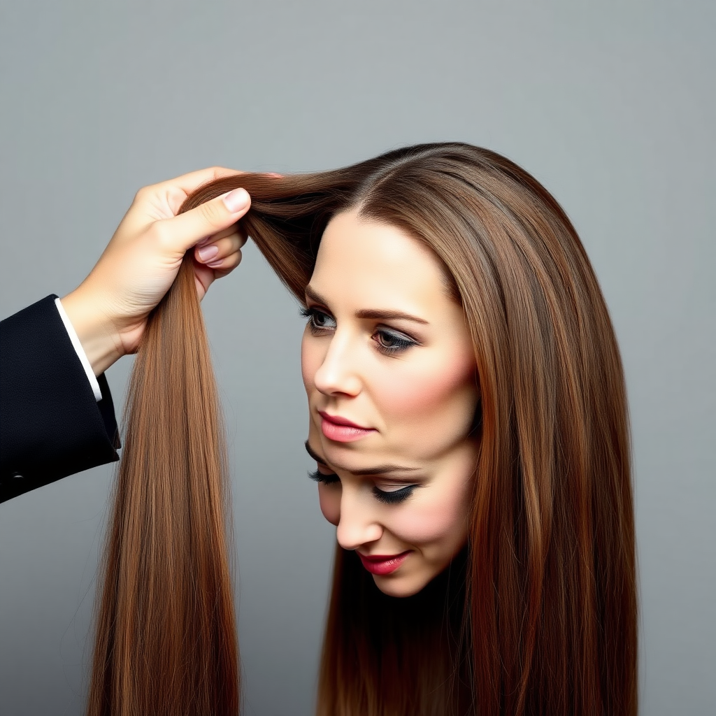 A surreal image of the beautiful disembodied head of a very long haired Kate Middleton. A hand is grasping the ends of her hair at the top of the frame while her head is hanging down from the other end. Plain gray background.