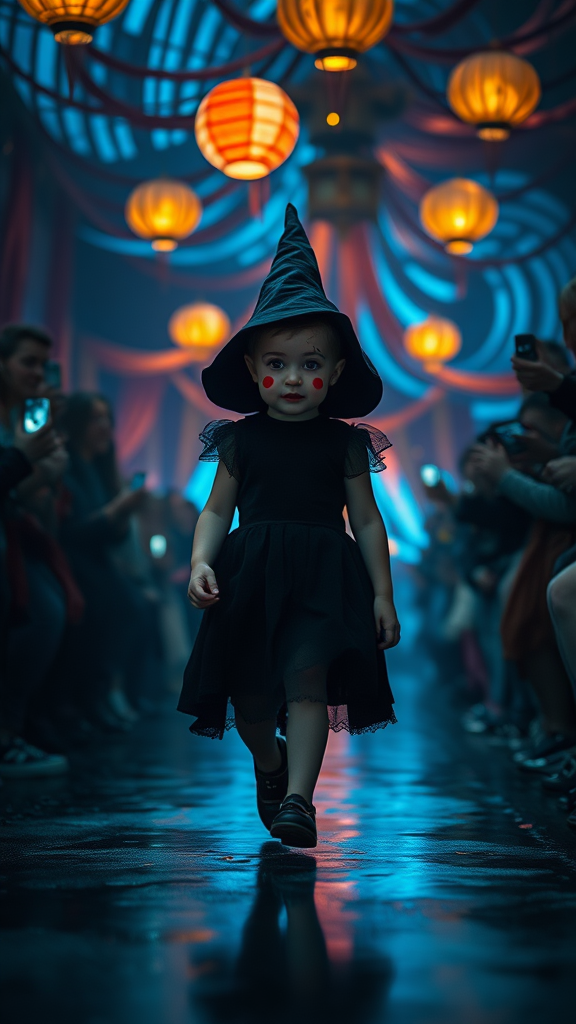 Create an eerie yet captivating scene featuring a small, 7 month old child-like witch walking confidently down a dark runway, surrounded by spectators. The witch wears a black dress, a black long cap, and has a black tattoo on her face. The face has exaggerated, creepy makeup with thick red lips, black eyebrows, and large red circles on the cheeks.

The background features swirling, abstract light patterns in blue, orange, and yellow hues, creating a surreal and unsettling atmosphere. The audience, dimly lit on either side, holds up their phones and cameras to capture the moment, but their faces are mostly obscured in the shadow, adding to the mysterious mood. Overhead, several more colorful lights and hanging decorations give a circus-like vibe, but the overall tone is more eerie than playful. The ground is wet, reflecting the lights above, creating a sense of depth and texture, adding to the haunting atmosphere.