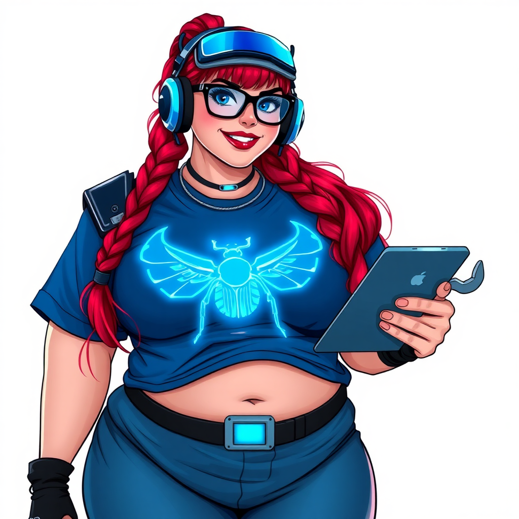 A cyberpunk vigilante’s full-figured intelligent and tech-savvy 29-year-old girlfriend, who is a computer hacker and tech genius. She has a long ruby red ponytail and bright blue eyes. She wears a sapphire beetle gemstone necklace, and an armored, oversized, Maximum Blue (RGB 71, 171, 204) t-shirt featuring a giant neon blue glowing chest icon of a winged beetle. She has a full-figured physique with a prominent, giant, well-rounded midsection, reflecting her well-cared-for lifestyle. The midsection is heavily emphasized. She sports a sapphire headset with hi-tech Maximum Blue (RGB 71, 171, 204) lensed HUD visor, Maximum Blue (RGB 71, 171, 204) lipstick, black eyeglasses, and a beaming smile with a passionate bright red blush. Despite her figure and a lack of self-esteem, she radiates an air of beauty. She has an angular face which contributes to her radiant beauty. She serves as his tech expert from his hideout, holding a holographic tablet and a hi-tech tool wrench. The background is solid white. She is drawn as if she was in a retro 2D cyberpunk fighting game.