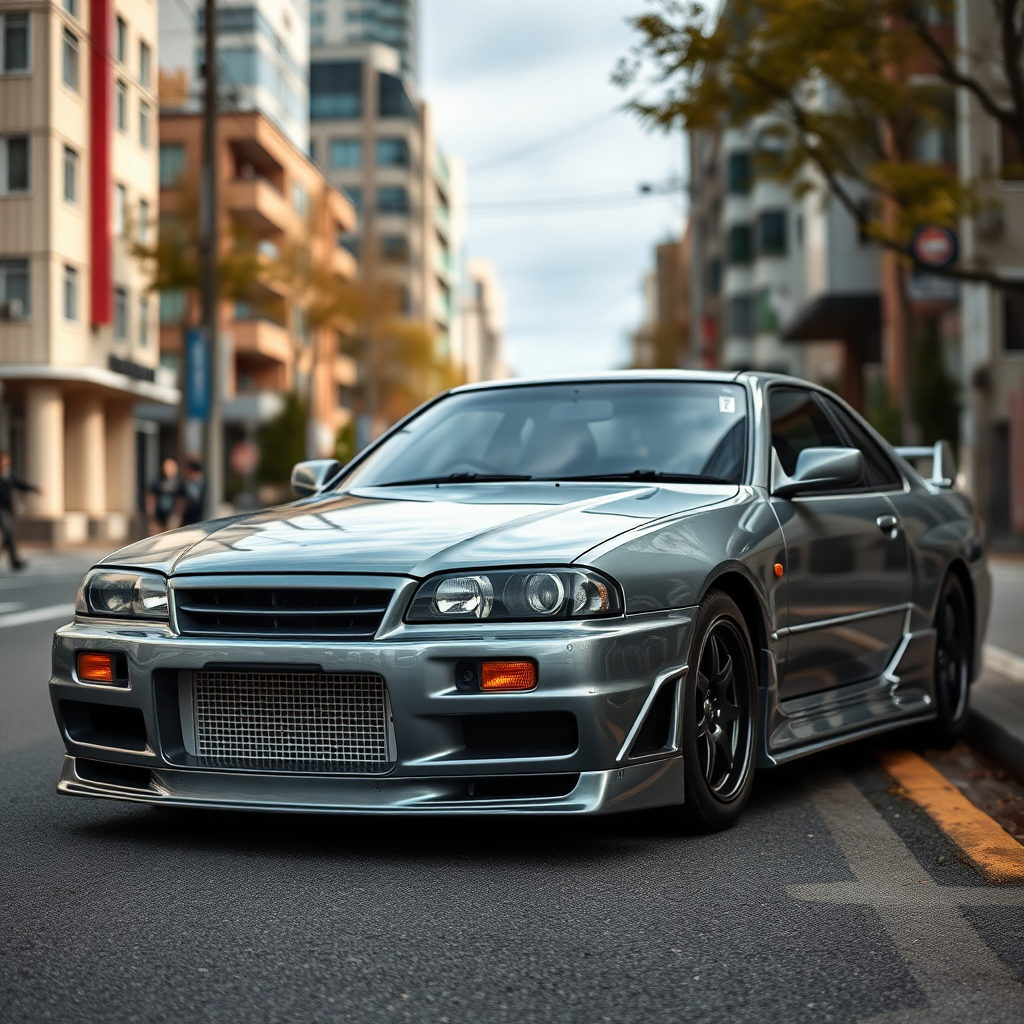 The car is parked on the side of the road, inspired by Taiyō Matsumoto, tumblr, restomod, nd4, c4 metallic shine gray black nissan skyline r34 tokyo arkaplan hatasız tam eksiksiz ayrıntılı genel gerçek detaylar en iyi fotoğraf poz sinematik hafif yağış su damlalar yansıma ıslak yol need for speed tarzı body kit