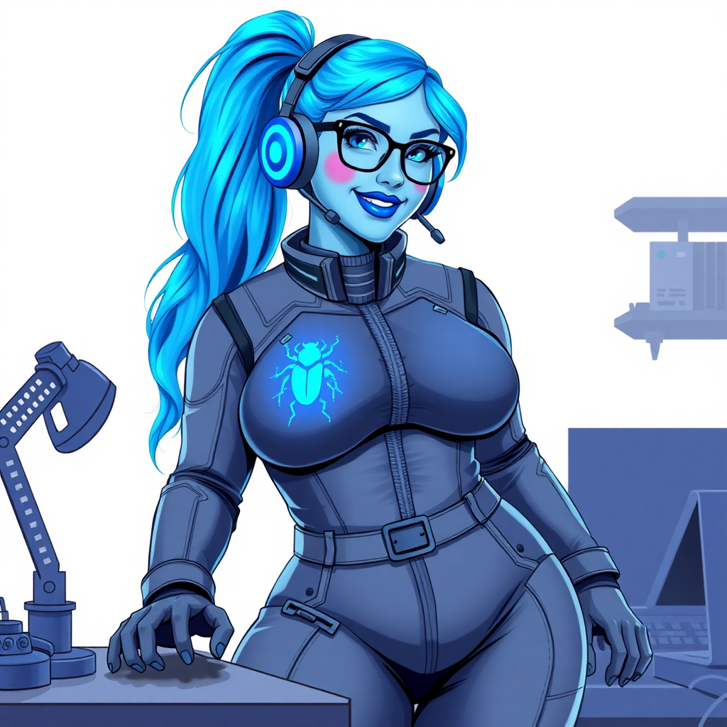 A nerdy, full-figured light neon blue glowing skinned 29-year-old computer program hybrid with a long, light neon blue glowing ponytail. She wears maximum blue lipstick and has bright blue eyes. Her outfit includes a digital, computerized, middle gray biker suit featuring a neon blue glowing beetle chest icon. She sports a sapphire headset and black eyeglasses, with a beaming smile and neon red blush. Her full figure reflects the doting care of her vigilante boyfriend. As his tech expert, she works diligently at her lab table in their hideout. The background is solid white. She has a prominent, round, gargantuan, wrecking ball-sized midsection, sequoia tree trunk-sized limbs, and broad shoulders. Her neon glowing light blue skin highlights her digital nature. She is drawn as if she was in a retro 2D cyberpunk fighting game.