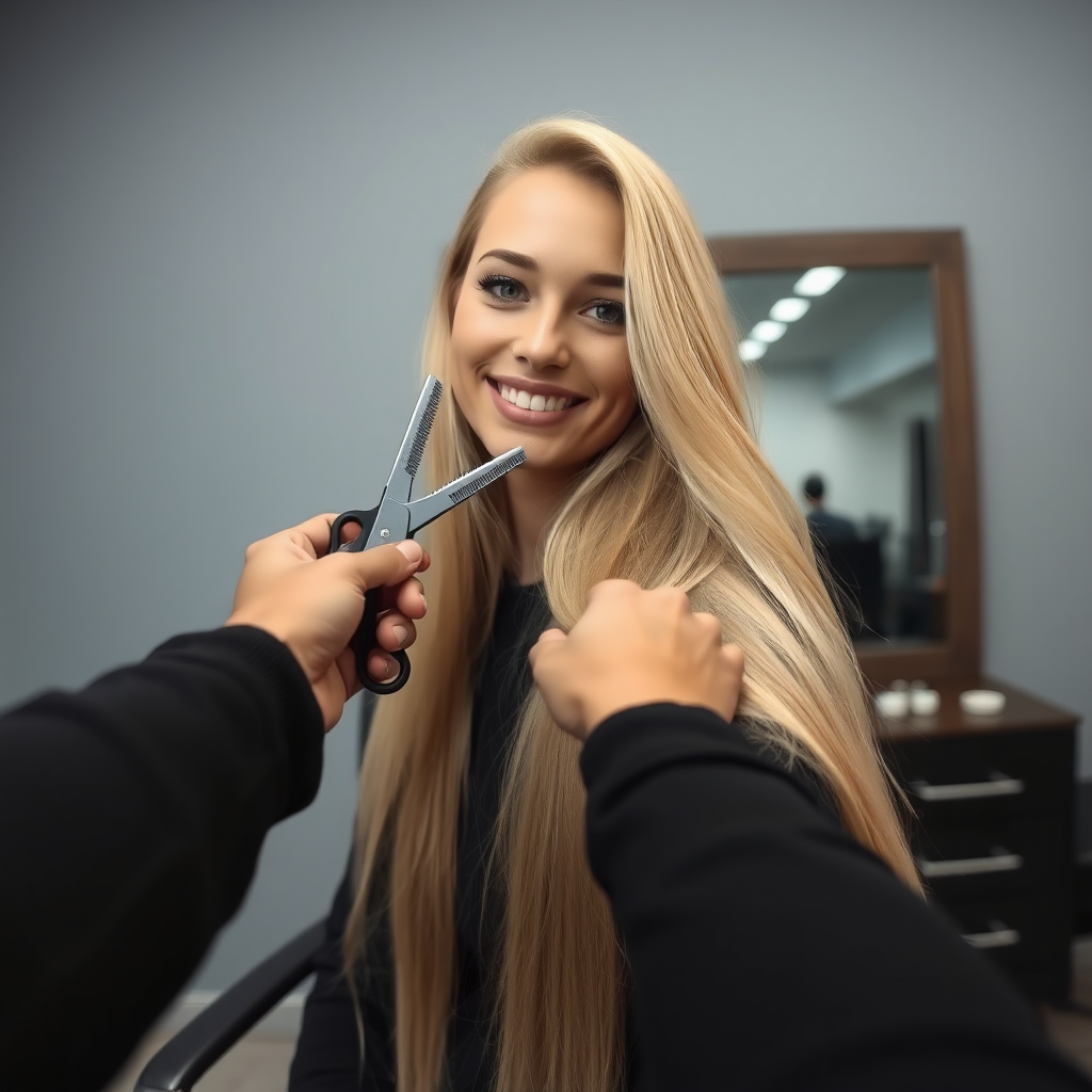 POV, beautiful very long haired blonde woman sitting in a hair salon smiling at the camera while I reach out from behind the camera to trim her very long hair. Plain gray background.