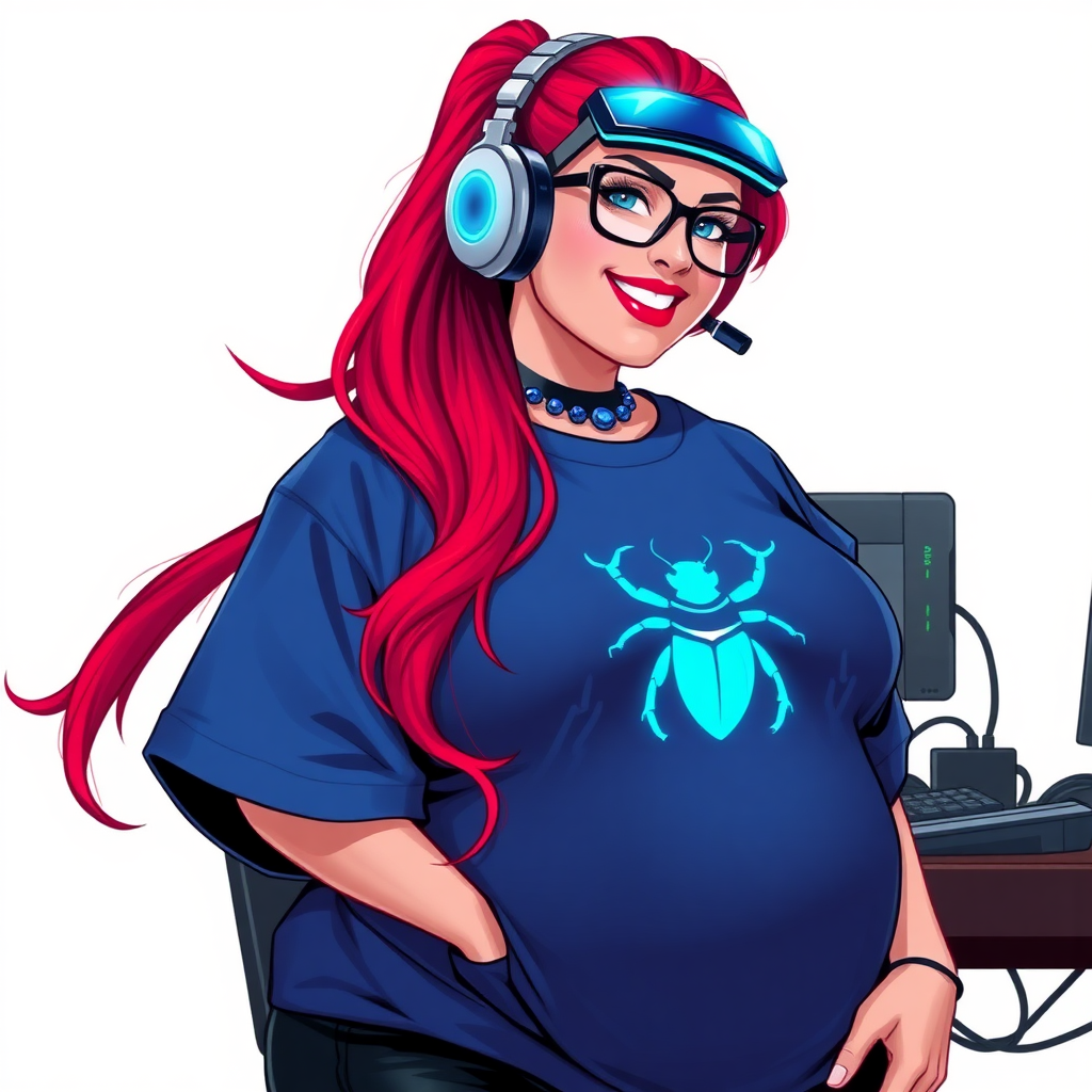 A cyberpunk vigilante’s full-figured intelligent and tech-savvy 29-year-old girlfriend, who is a computer hacker and tech genius. She has a long ruby red ponytail and bright blue eyes. She wears a sapphire beetle gemstone necklace, and an oversized maximum blue t-shirt featuring a neon blue glowing icon of a beetle on its chest. She has a full-figured physique with a prominent, gargantuan, round midsection, reflecting her well-cared-for lifestyle. She sports a sapphire headset with hi-tech maximum turquoise lensed HUD visor, black eyeglasses, and a beaming smile with a passionate bright red blush. Despite her figure and a lack of self-esteem, she radiates an air of beauty. She has a slim face which contributes to her radiant beauty. She serves as his tech expert from his hideout, diligently working at her lab table and computer desk. The background is solid white. She is drawn as if she was in a retro 2D cyberpunk fighting game.