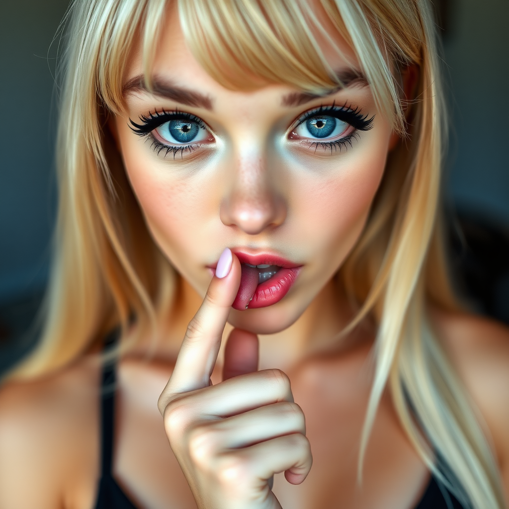 A young woman is holding her finger to her lips, looking at the viewer, blue eyes, blonde hair, solo focus, blurry, lips, eyelashes, blurry background, close-up, realistic. Bleached blonde, black eyeliner, very large eyes, tanned skin. Very long straight hair. Cleavage. Exaggerated long eyelashes. Very huge breast, black bra. Tanned skin. Licking her finger, tongue on her finger.