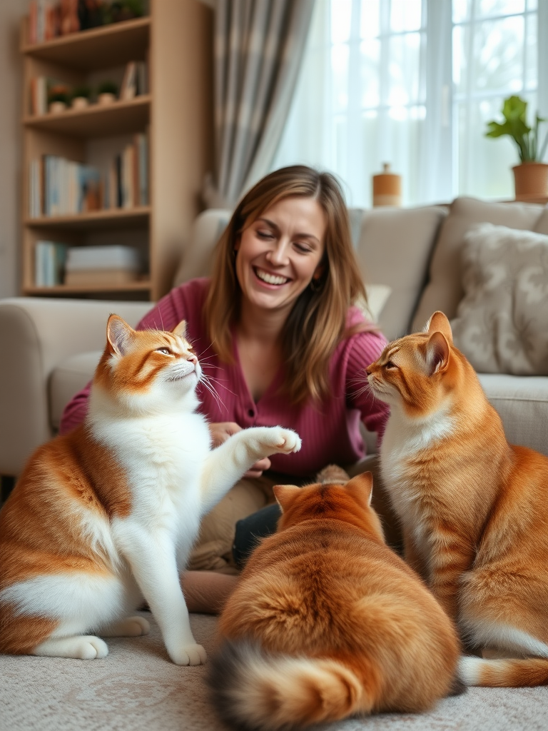 Clara with her three cats, laughing and playing in her living room