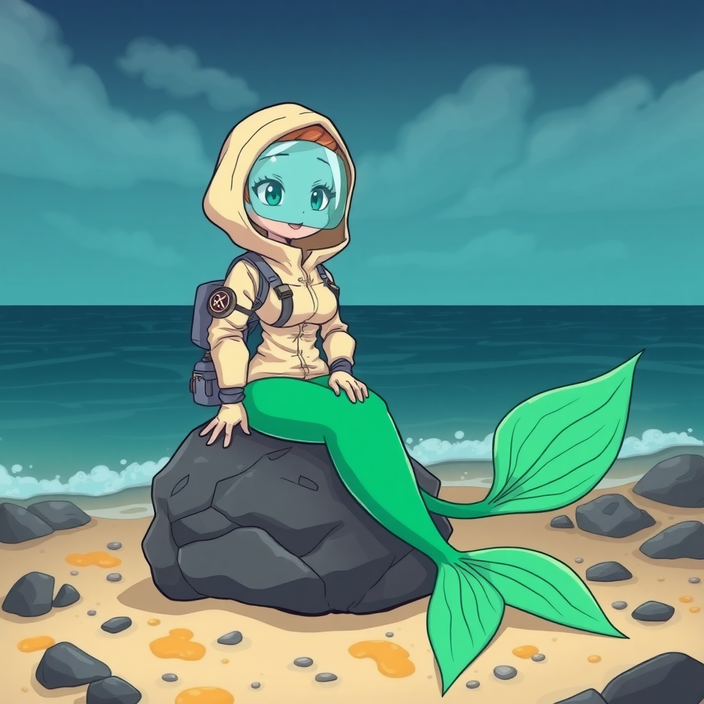 A cartoon female bald mermaid wearing a full hazmat suit with hood and face screen while sitting on top of a rock on a toxic looking beach.