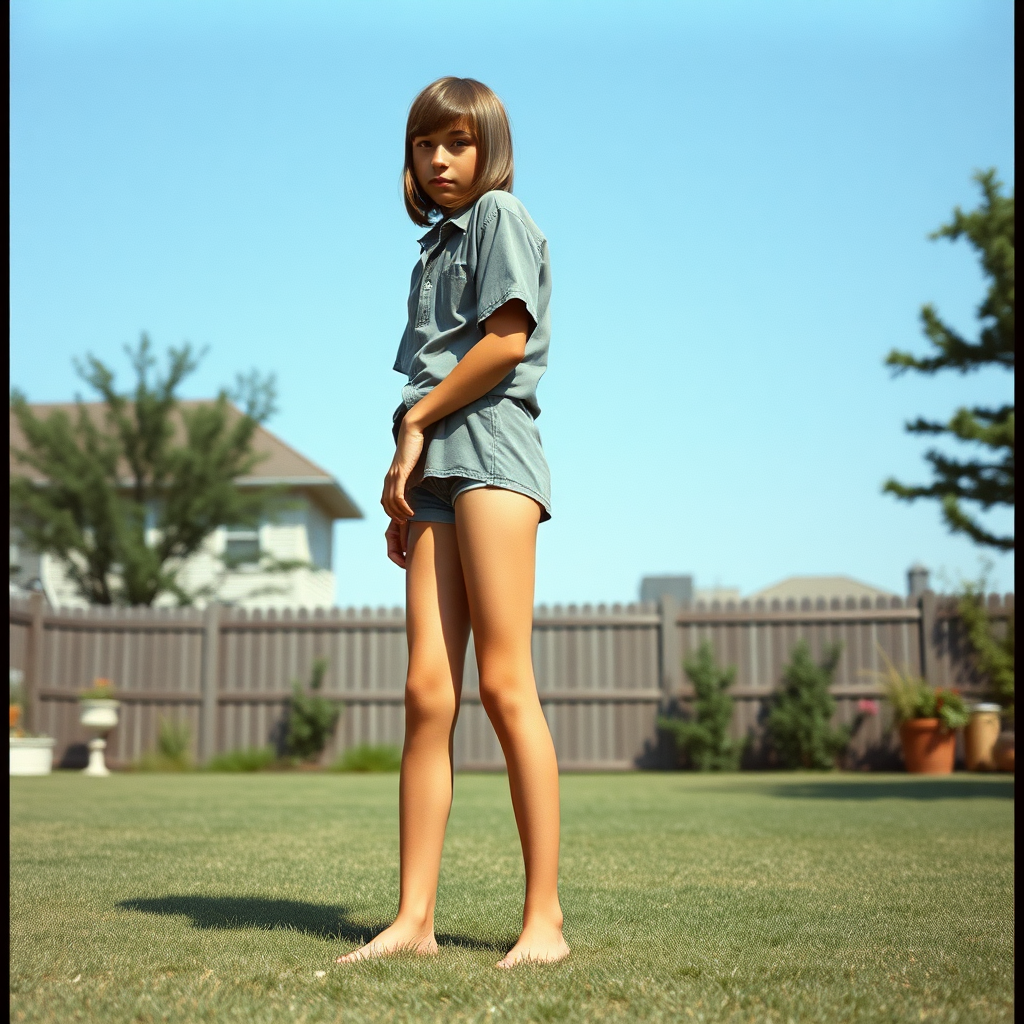 Tall 14yo teen boy, long hair bob cut, wearing shirt and very tight booty shorts, long legs, narrow thighs, full-length front view. 1970s. Playing at backyard.  
Photorealistic, ultra high resolution, 16K,  
Negative: grainy, blurry, bad anatomy, extra limbs, watermark.