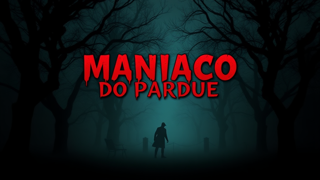 Create a YouTube thumbnail (1024x576) featuring a dark, foggy park scene. In the foreground, a shadowy figure lurks among twisted trees, creating a sense of dread. Use a gradient background of deep greens and blacks to enhance the eerie atmosphere. Place the title 'Maníaco do Parque' prominently at the top in a bold, horror-style font with a blood-red outline for emphasis. Add subtle textures like cracks or shadows to create depth, ensuring the overall design conveys a sense of psychological horror.