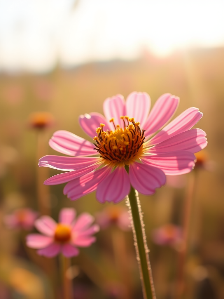 Draw a wildflower that looks like a real photograph, with the background softly expressed in out-of-focus and backlit by sunlight.