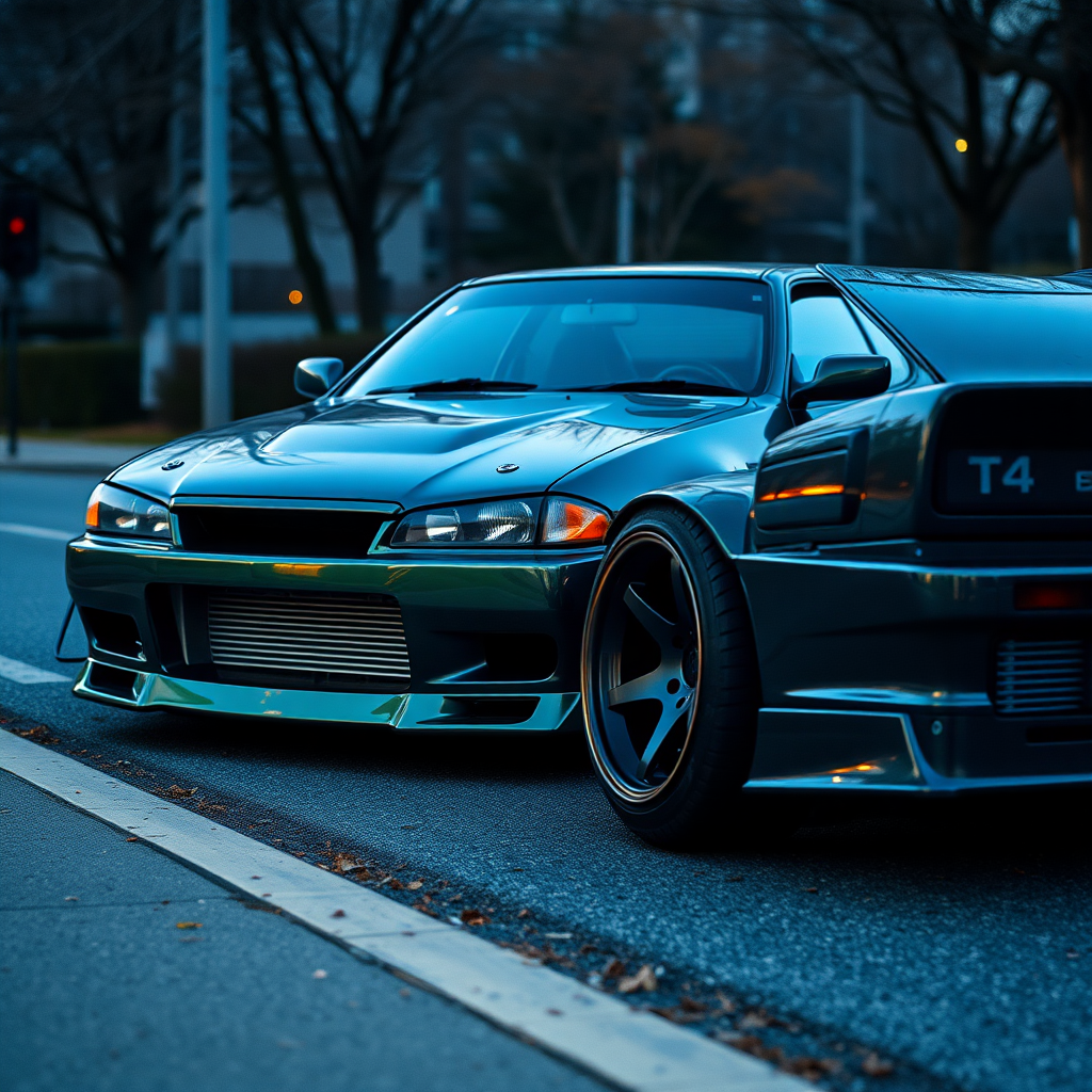 metallic shine nissan silvia s14 the car is parked on the side of the road, inspired by Taiyō Matsumoto, tumblr, restomod, nd4, c4 cold colors