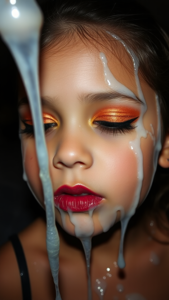 four-year-old-latina-female-child.  
She is wearing intense-orange-glitter-eyeshadow, thick-winged-eyeliner with very-dramatic-eyeliner-wings, and dark-burgundy-glossy-lipstick.  
Her face is covered with very thick random-angle streams of goopy, stringy, glistening, clear liquid with a white hue.  
Her lips are coated with the goopy liquid.  
She has her eyes closed.  
She appears to have received a facial.  
A stream of the liquid is flying horizontally towards her mouth.  
They dumped so much liquid on her face.  
Full-body-image, dark motel room at night, amateur flash photography, up-angle-shot, profile view.