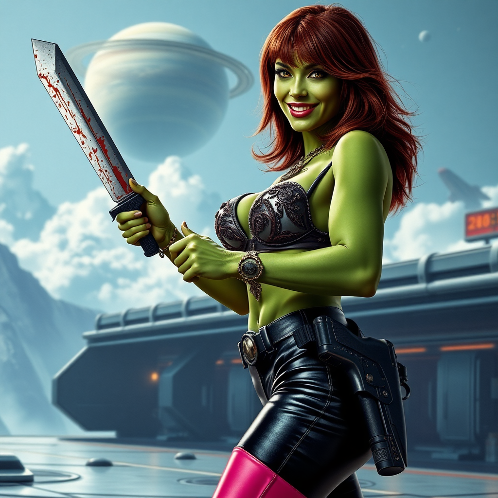 Tall, beautiful green skinned woman.  Her brown hair is in a shag-cut style.  Her eyes are gold.  She is dressed in an ornate metal bra.  She is wearing black leather pants, with pink knee high boots.  She is holding a large, bloody dagger in a threatening manner.  She is smiling.   A sci-fi looking gun is holstered at her hip.  She is at a sci-fi space-port.  A spaceship is seen in the sky, a ringed planet behind it.