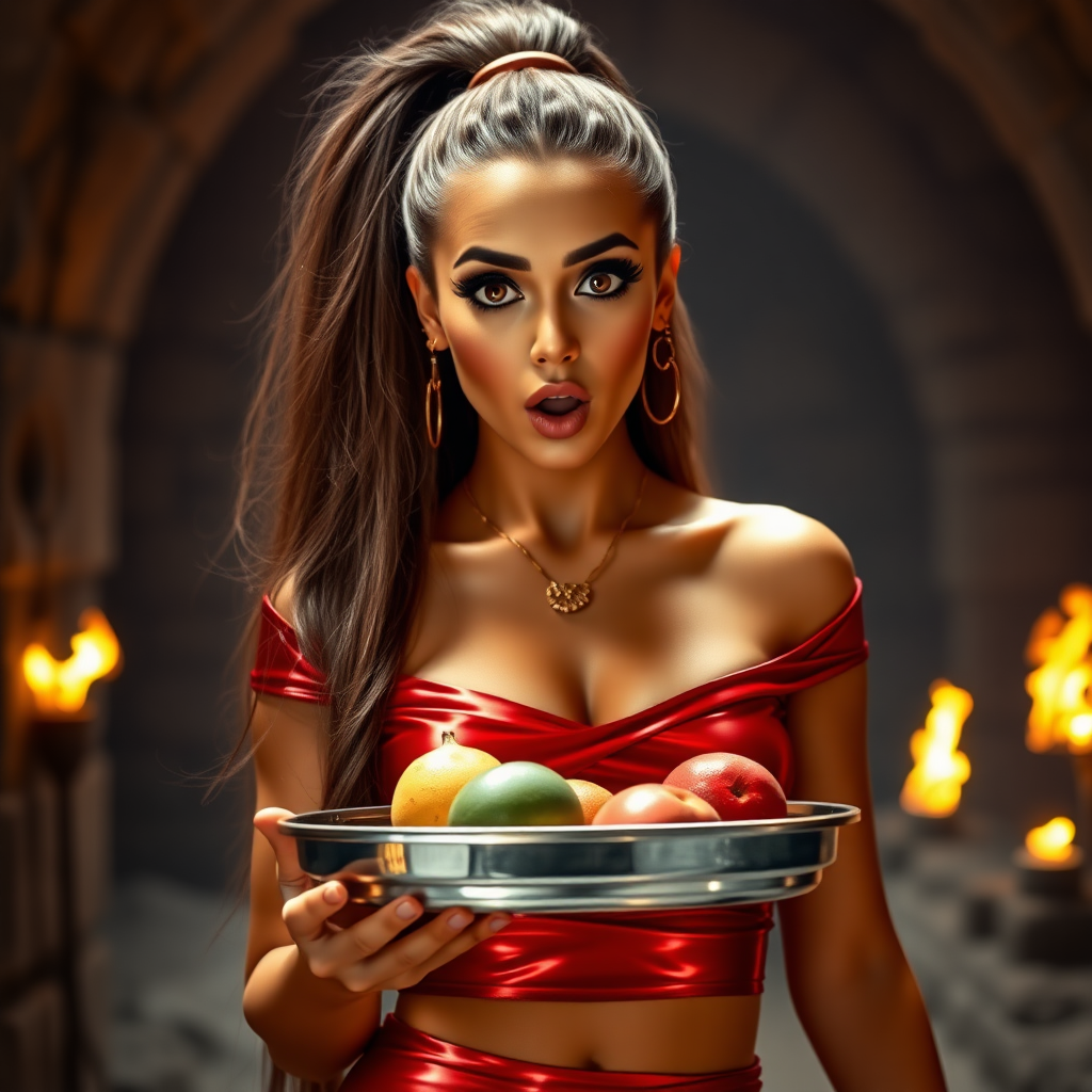 realistic photo of a surprised Arabian model with mouth open looking at the camera. She has very large eyes, black eyeshadow, black eyeliner, fake eyelashes, very tanned skin, very long hair. very high ponytail, she look likes princess jasmine, shinny red off shoulder crop top. photo realistic. She holds a metal tray with fruits just above her waist. crop top, shinny red skirt. full body view. shinny red pencil skirt. dungeon with fire torches in the background.