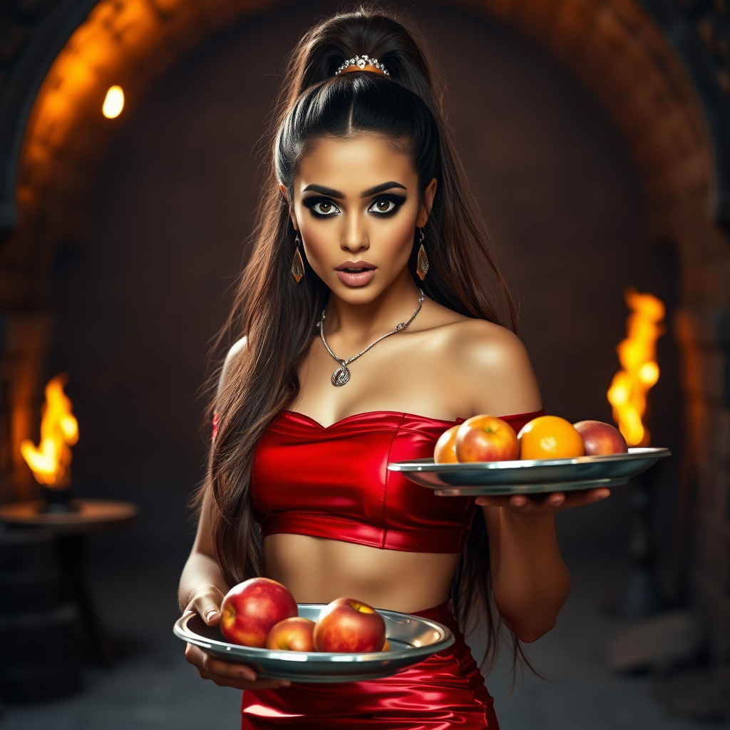 realistic photo of a surprised Arabian model with mouth open looking at the camera. She has very large eyes, black eyeshadow, black eyeliner, fake eyelashes, very tanned skin, very long hair. very high ponytail, she look likes princess jasmine, shinny red off shoulder crop top. photo realistic. She holds a metal tray with fruits just above her waist. crop top, shinny red skirt. full body view. shinny red pencil skirt. dungeon with fire torches in the background.