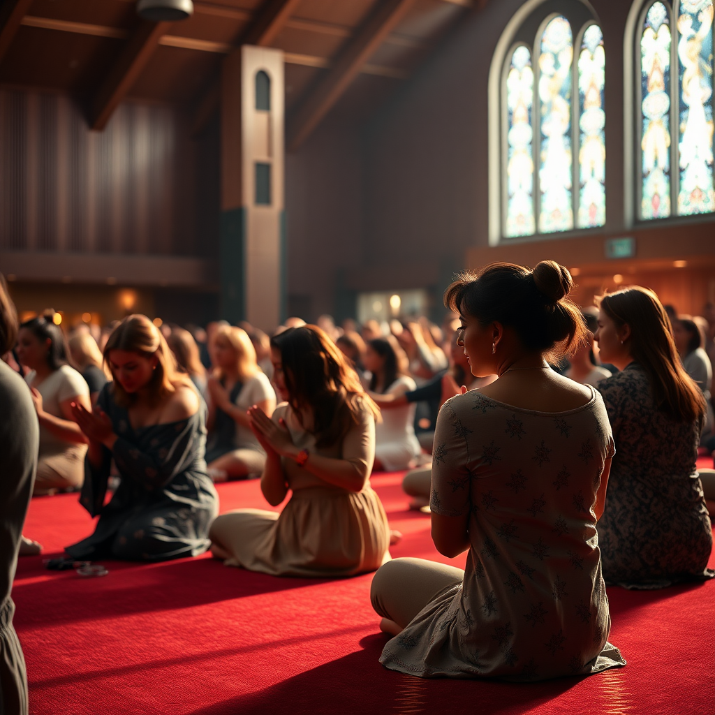 A banner with an image of several women kneeling on the floor praying in an evangelical church, digital art style, ultra detailed, cinematic lights, high quality, 8K