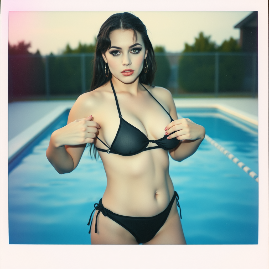 Old polaroid photo with heavy vignetting and pink and blue artistic studio lighting color tint and light leak, depicting a sexy curvy thicc pale white alt goth girl with eye makeup untying her tiny revealing black see thru bikini gstring thong, standing in a pool.