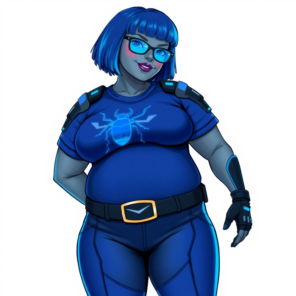 A 28-year-old, full-figured, middle gray skinned computer program hybrid with a maximum blue bob cut. She has a non-athletic build, highlighted by a prominent, round, large midsection (with heavy emphasis on her large belly). As the full-figured digital sidekick to her cyberpunk vigilante boyfriend, her middle gray metallic skin and maximum blue lipstick emphasize her digital nature. She wears a digital, computerized costume inspired by DC’s Carrie Kelly Robin, consisting of a huge, tight-fitting, maximum blue t-shirt with a neon blue glowing chest icon of a beetle, hi-tech shoulder pads with neon blue accents, a black hi-tech belt with a digital neon blue glowing buckle, digital maximum blue pants with neon blue accents, and black hi-tech fingerless biker gloves with neon blue glowing accents. Her neon blue glowing eyes, black eyeglasses with a neon blue glowing HUD built into the lenses, and shy smile with neon red blush accentuate her nerdiness. She stands bashfully with one hand behind her back and the other hand gently touching her cheek, her costume covering all her skin and emphasizing her full-figured physique (especially her belly). She is clearly non-athletic, with a heavy focus on her large belly. Despite her build, she radiates beauty. She has a slim face compared to her physique, accentuating her radiant beauty. She is on a solid white background. She is drawn as if she were in a retro 2D cyberpunk fighting game.