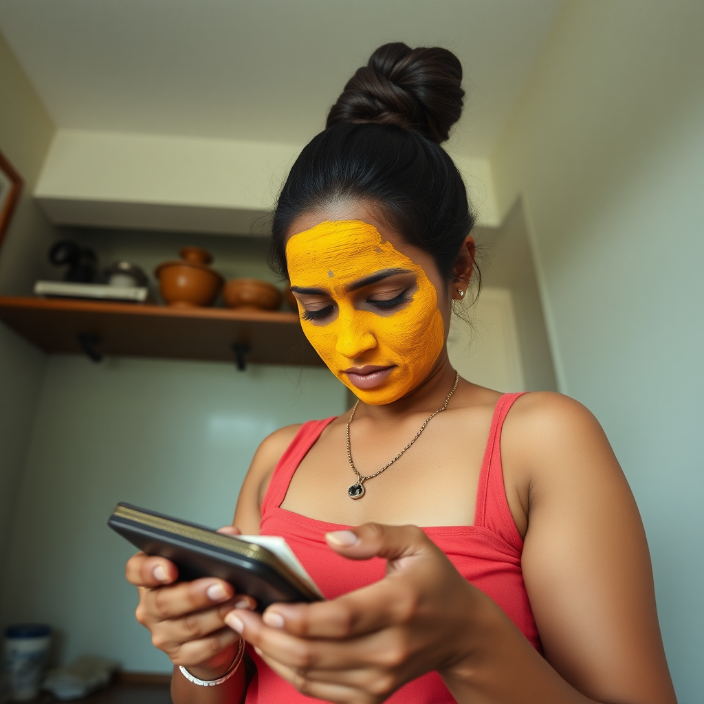 Wide angle image of a slim, curvy, 30 year old Indian maid with hair covering bun, her face is covered with turmeric mask. She is stealing money from wallet.