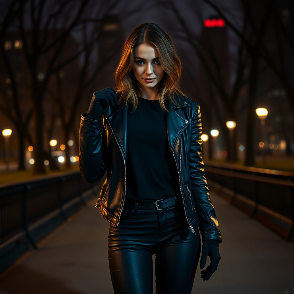 A beautiful badass female burglar in black leather jacket over black t-shirt with black pants and gloves in Manhattan park at night.