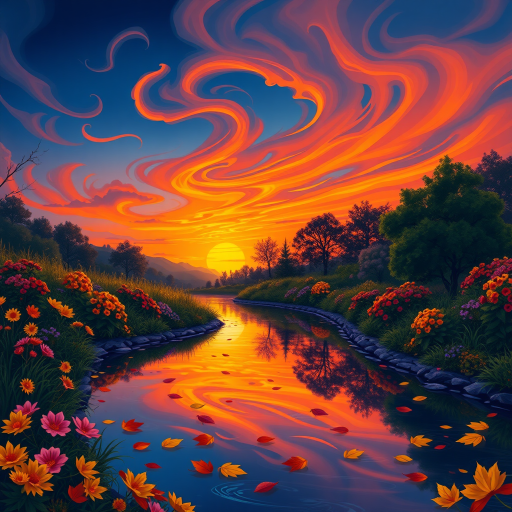 In the tranquil and enchanting landscape of twilight, a winding river reflects the vibrant hues of the sunset. The sky is dramatically mixed with deep blue and warm orange, with swirling clouds highlighted by the last rays of the sun. The surrounding lush greenery and vibrant flowers in shades of pink, yellow, and orange add liveliness to the scene. The silhouettes of trees frame the view, creating a mystical atmosphere. Floating leaves dotted across the water reflect the glorious autumn foliage. The aesthetics are highly saturated and painterly, reminiscent of whimsical illustrations that evoke a sense of calm and wonder.