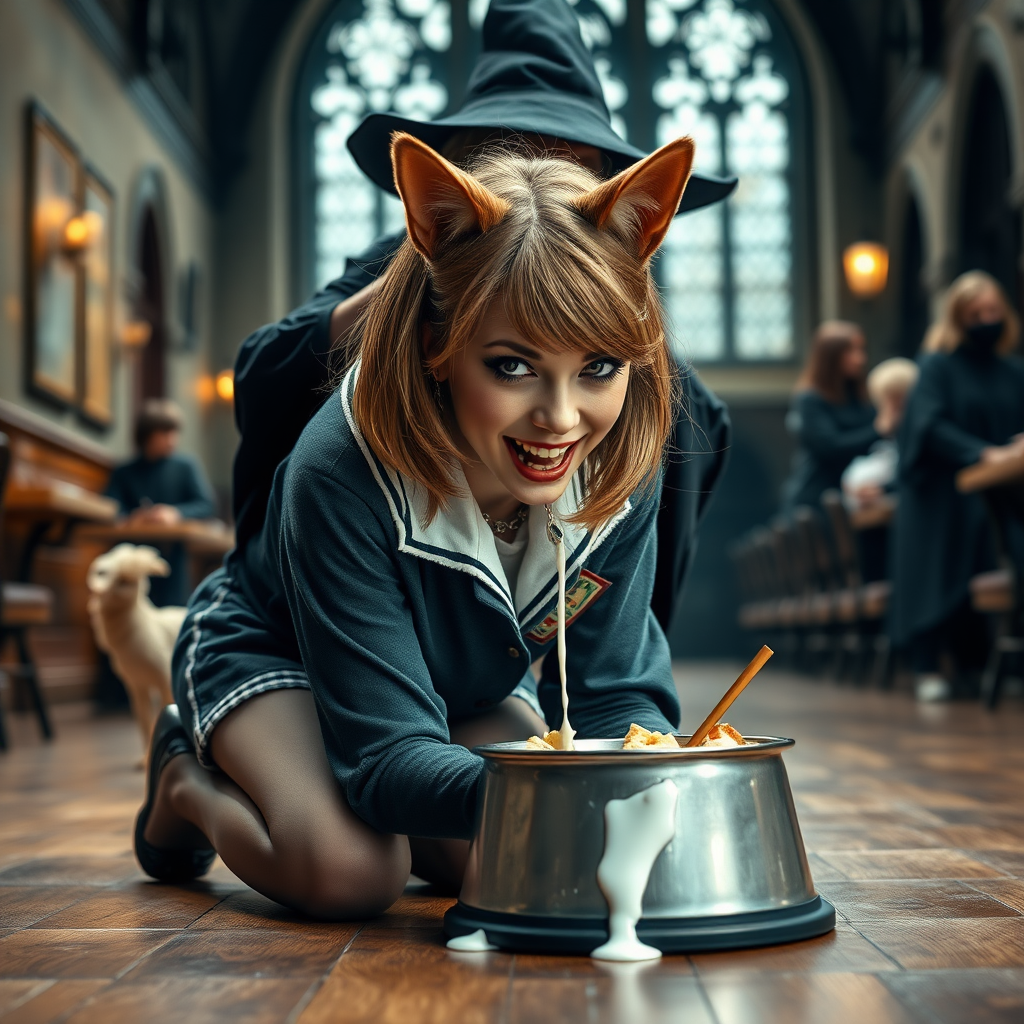 photorealistic, ultra high resolution, 16K, surreal fantasy, studio lighting, a wicked witch at Hogwarts School has cast a spell on Tyler Swift, who is a pretty 18 year old dog-boy, slim male physique with dog ears and bushy tail, shoulder length brown hair, goth makeup, earrings, spikey dog collar, dressed as a Hogwarts Slytherin girl - glossy grey pantyhose, school uniform, Mary-Jane shoes, kneeling on all fours the floor face down eating food from a dog bowl on the student dining hall at Hogwarts School, excited smile and drooling white fluid. the witch is standing behind Tyler and is resting her arms on his shoulders. full body view, facing the camera.