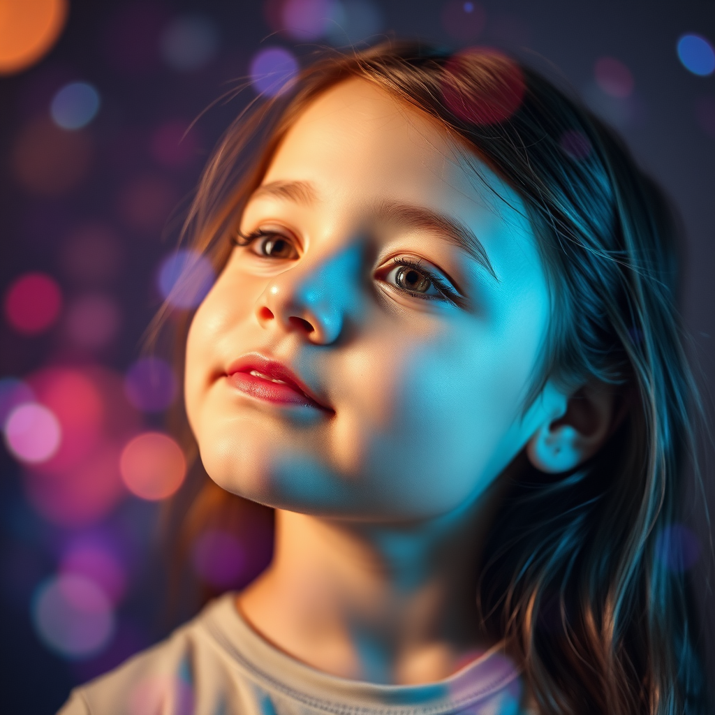 preteen girl in natural pose, relaxed, Low Key Lighting, dreamscape, nebula, Bokeh, abstract, brilliant colors, glittering, translucent, iridescent, natural skin, glowing, artistic photo, wide angle, cute, interesting, microscopy, airy, original, experimental, refraction